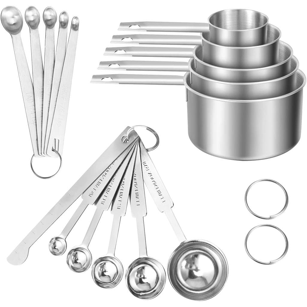 Conjunto de 16,5 Copos Medidores e Colheres Medidoras de Metal, 5 Colheres Medidoras, 1 Nivelador e 5 Mini Colheres