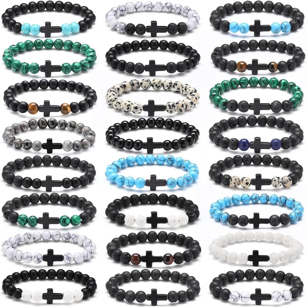 24 Pcs Cross Beads Bracelet for Men Women 8mm Couple Cross Bracelets Black Christian Healing Lava Stone Stretch Turquois