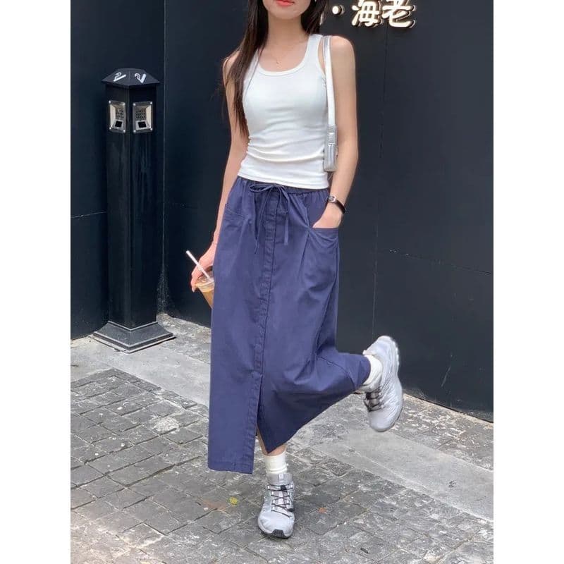 Influenciador americano ferramentas Yamamoto saia verão 2024 novo estilo cintura alta fenda Casual mais magro olhar saia