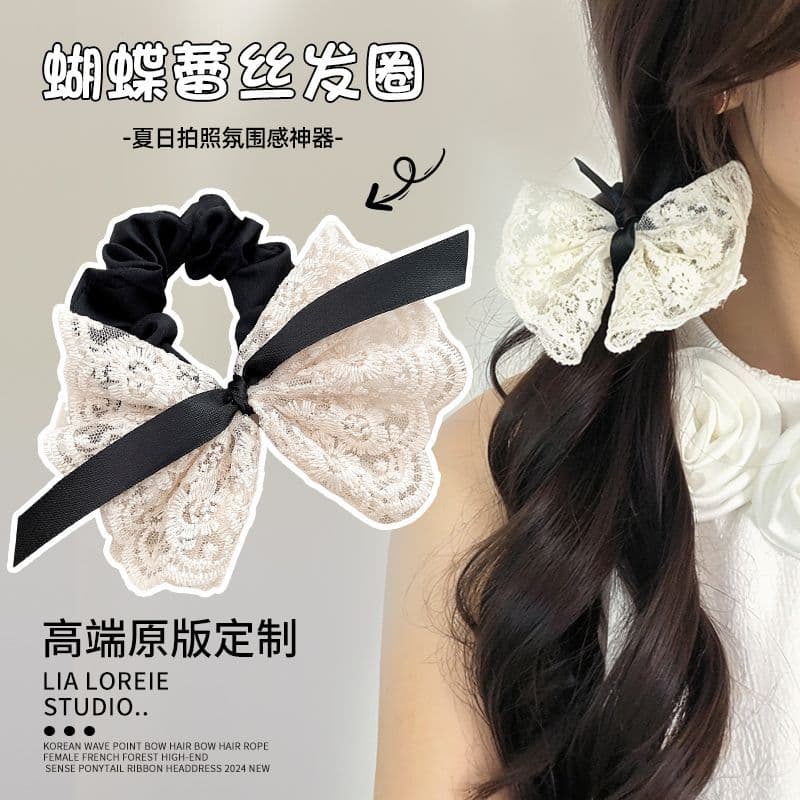 Influenciador novo estilo meninas gravata cabeça tecido corda de cabelo laço branco arco Scrunchy anel de cabelo versão