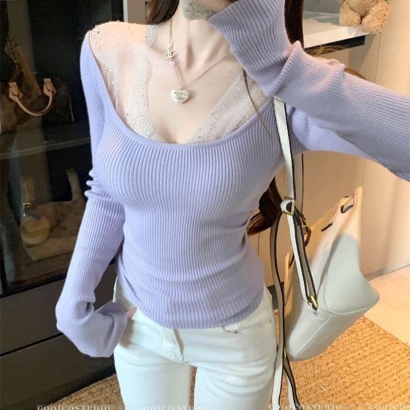 Aurora Dream Design Indústria Pesada Costura Uma Palavra Manga Comprida Temperamento Top Outono Inverno Novo Estilo Slim