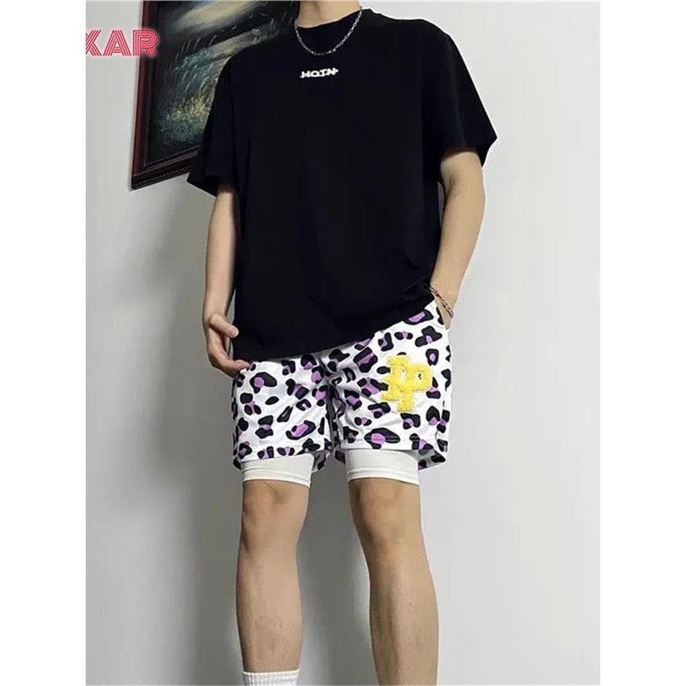 Americano leopardo impressão Shorts joelho-leopardo impressão quarto calças esportes basquete treinamento calças soltas