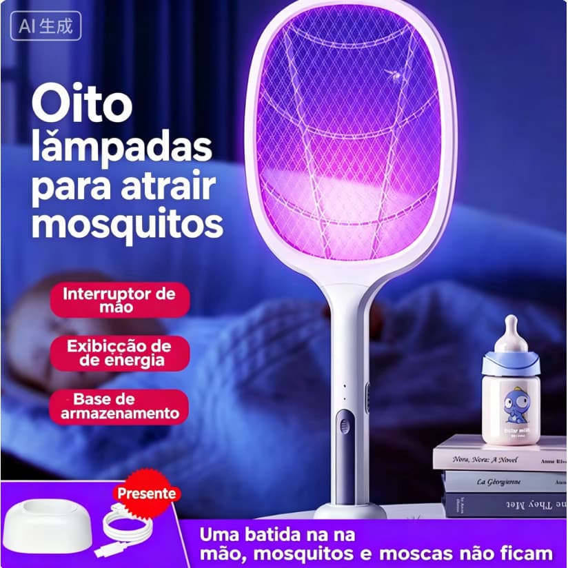 Raquete Elétrica Mata Mosquito com Luz UV - Recarregável, Automática para Casa e Quarto