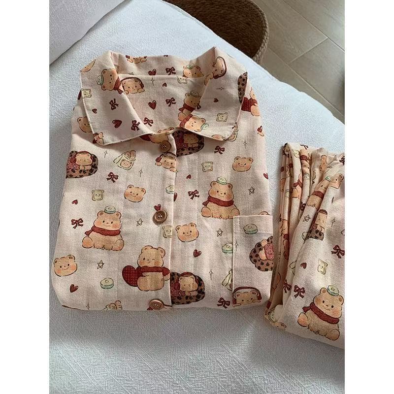 Pijama Vintage Com Gola Concha , Manga Comprida , Calça Algodão , Roupa De Dormir