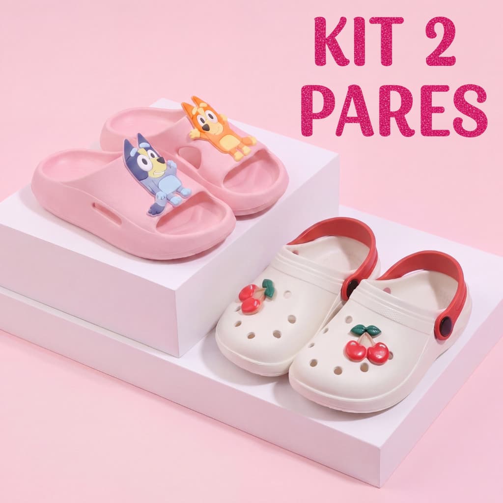 Kit 2 Pares Chinelo Nuvem Menina e Sandália Menina Divertida Delicada Antiderrapante