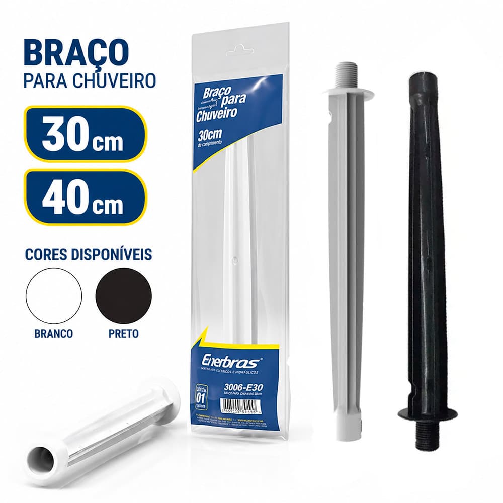 Braço Cano para Chuveiro PVC rosca 1/2" Enerbras Branco Preto 30cm 40cm Reforçado Resistente