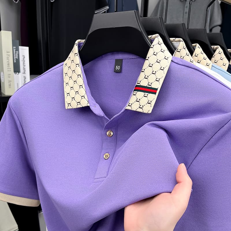 [Mulberry Silk] Pai de meia-idade usa lapela seda gelo verão Top roupas masculinas camiseta de manga curta camisa polo d
