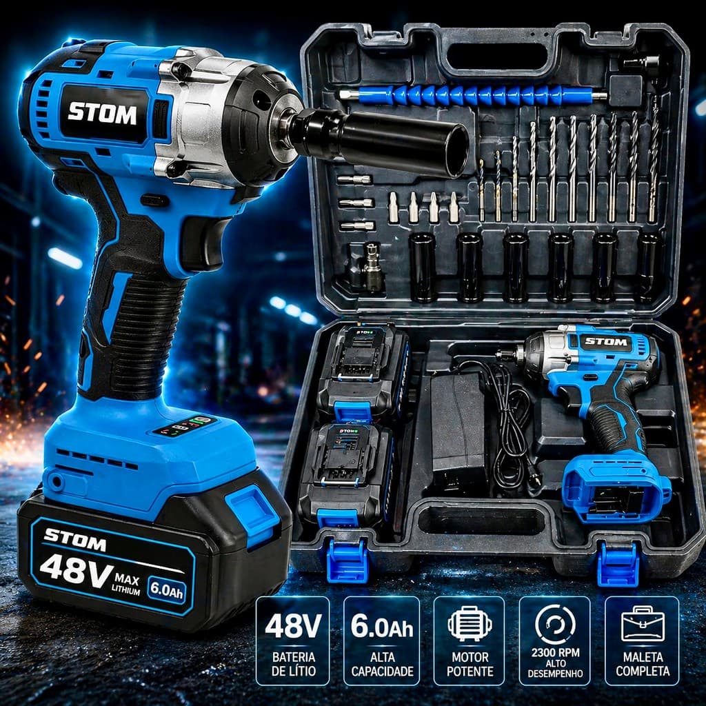 Chave De Impacto Elétrica Sem Fio Com 48V Bateria Motor Brushless 4 Pecas Soquetes E Maleta