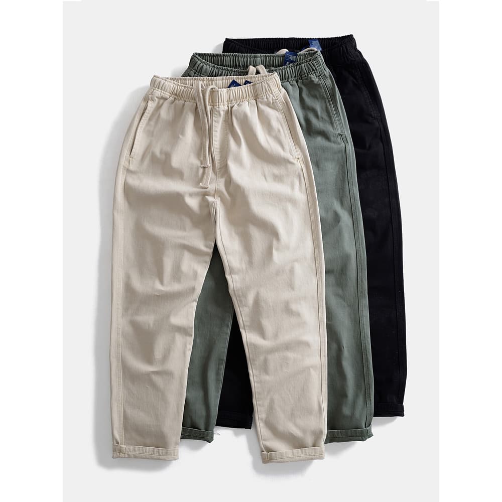 Retro puro algodão em linha reta calças casuais primavera estilo japonês cintura elástica macacão americano ao ar livre