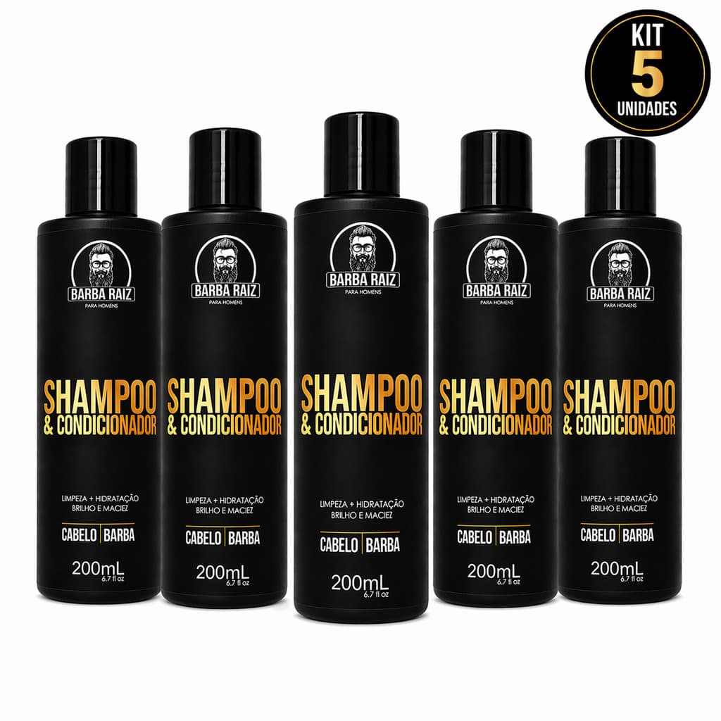 5 Shampoo 2 em 1 (Shampoo + Condicionador) Barba Raiz 200ml Limpeza e Hidratação Cabelo e Barba