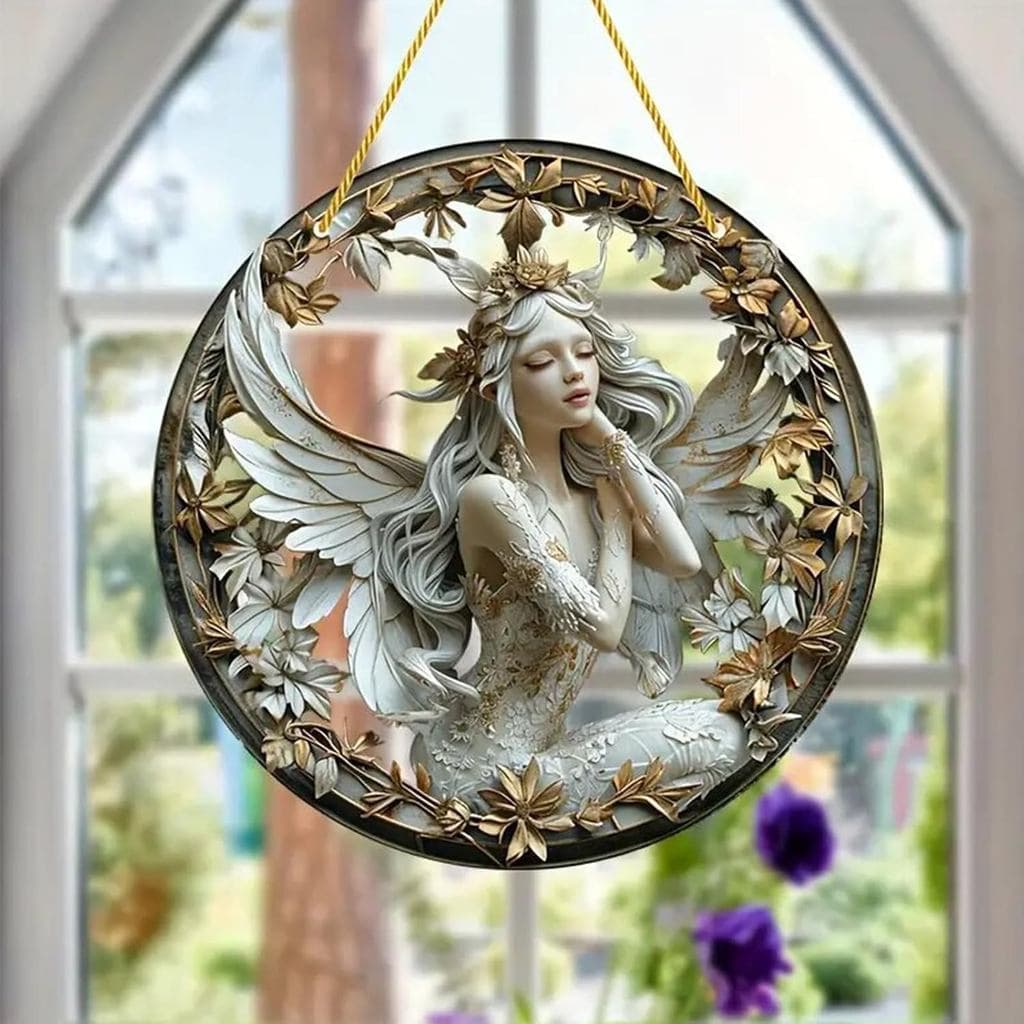 Decoração de Janela em Acrílico com Fada das Flores, Decoração de Janela com Flores Redondas Naturais e Meninas, Refrato