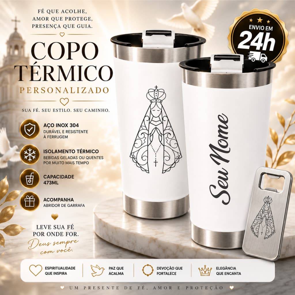 Copo Térmico Nossa Senhora Personalizado 473 ml Inox com Nome e Abridor Gravados a Laser  temos  Vários Modelos Presente