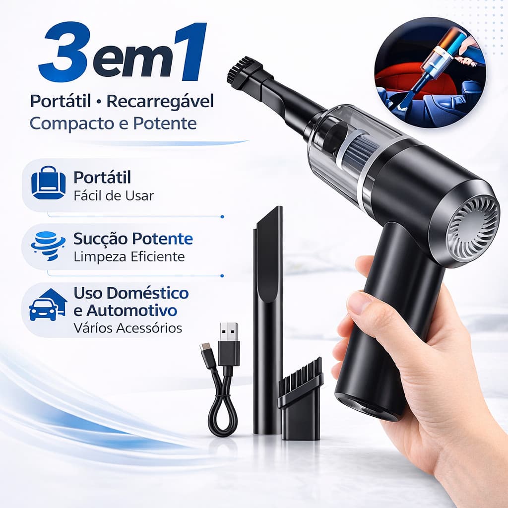 Aspirador de Pó Portátil 3 em 1 USB Recarregável sem Fio para Carro, Casa e Teclado.kit