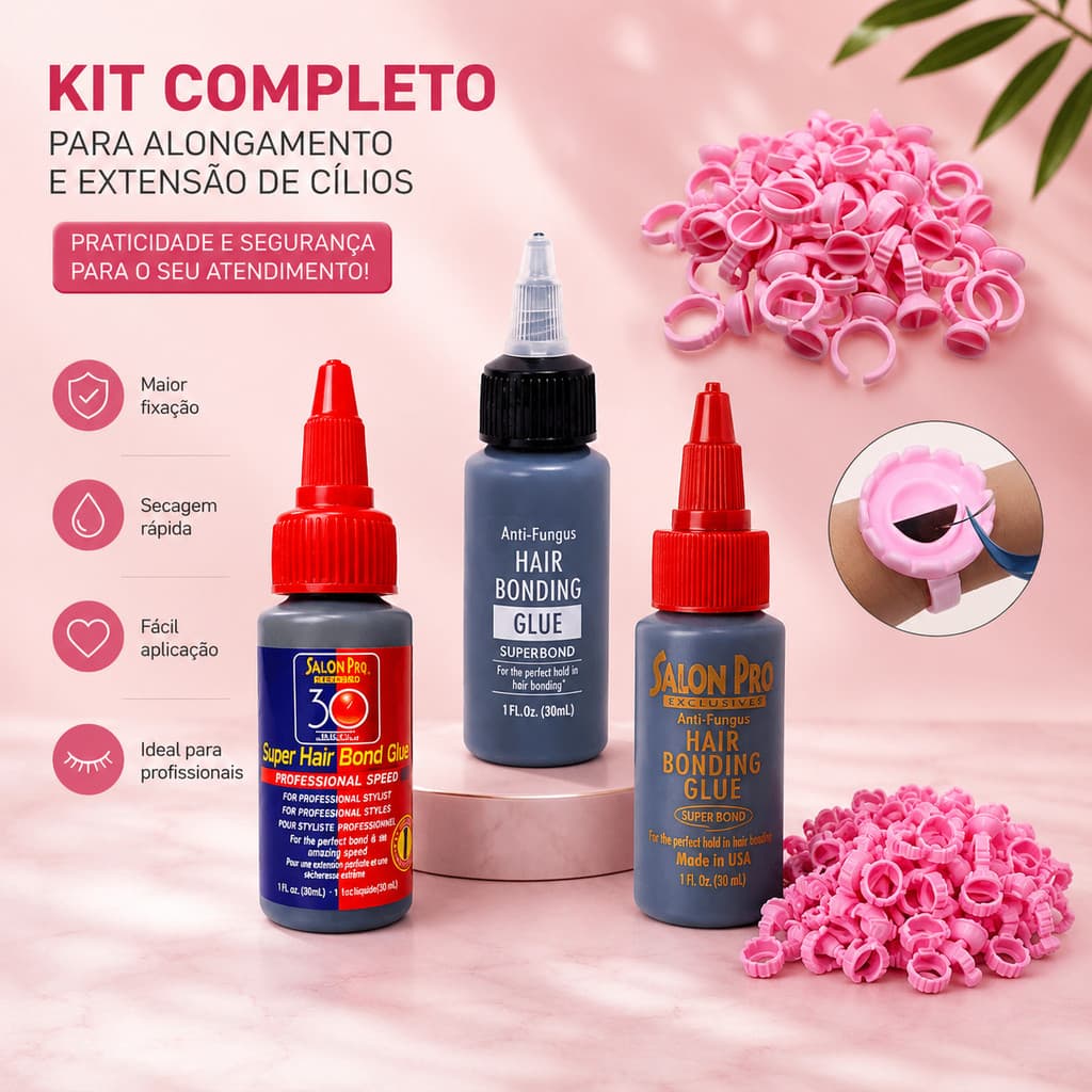 Kit Cola 30ml Para Alongamento + 100 Unidades Anel Batoque Flor Divisória Cola Henna Tinta Cílios