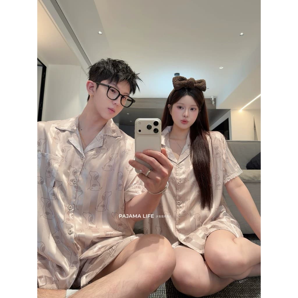 Desenhos animados leite damasco filhote de cachorro impresso gelo seda casal pijamas das mulheres dos homens verão de ma