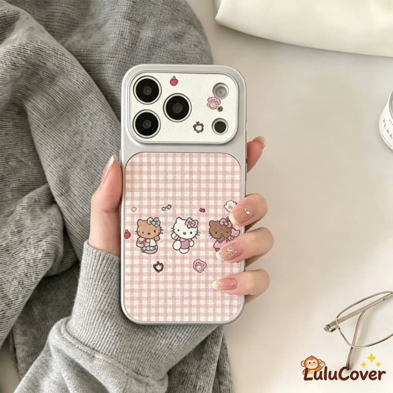 Capa De Textura De Couro Fofa Da Hello Kitty Com Grade Rosa Para Samsung Galaxy A57 A56 A55 A54 A53 A52 A52S A51 A50 A50