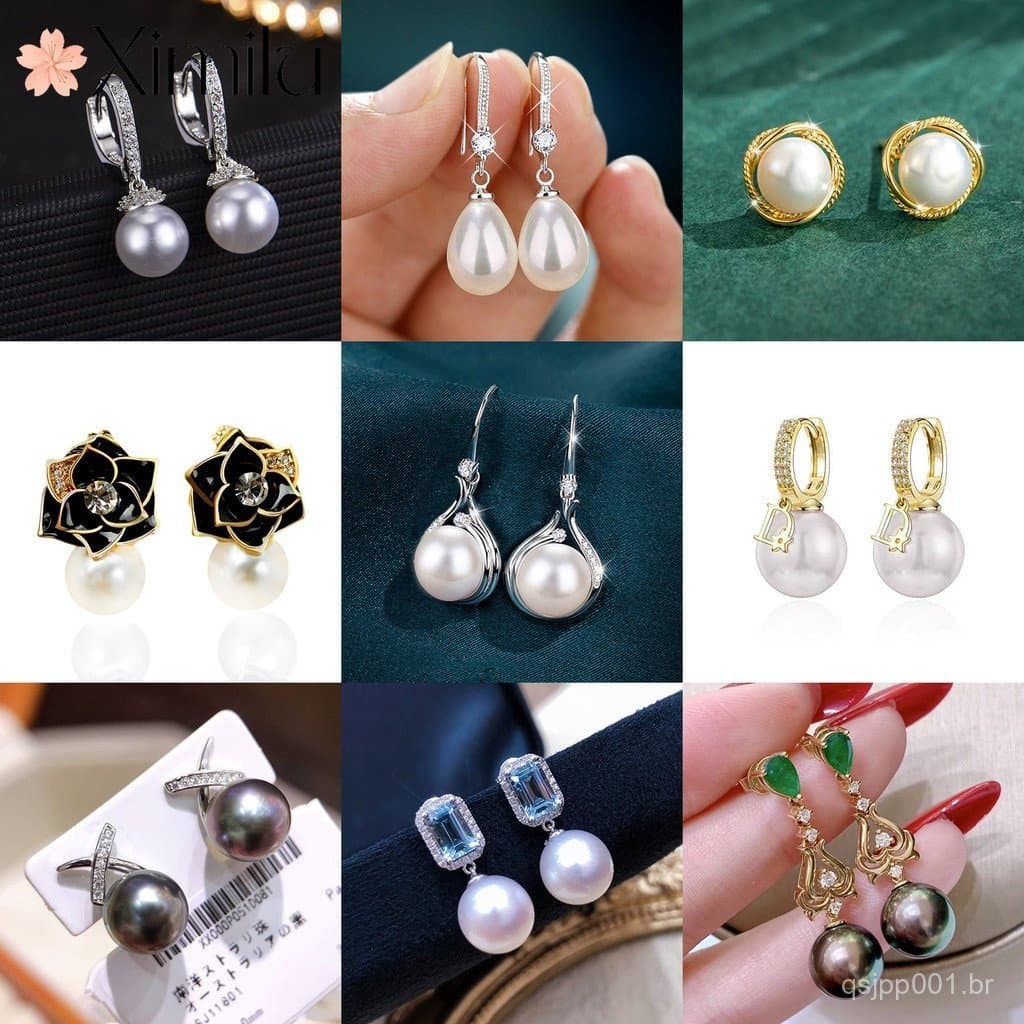 ⭐ Original simples luxo branco pérola série brincos de água doce preto concha grânulo orelha gancho cheio diamante borbo