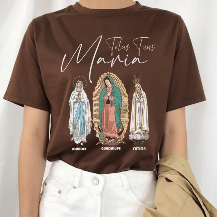 [Camiseta Premium em Algodão Puro]CC Católica Fatima Lourdes Guadalupe Unissex 100% Algodão