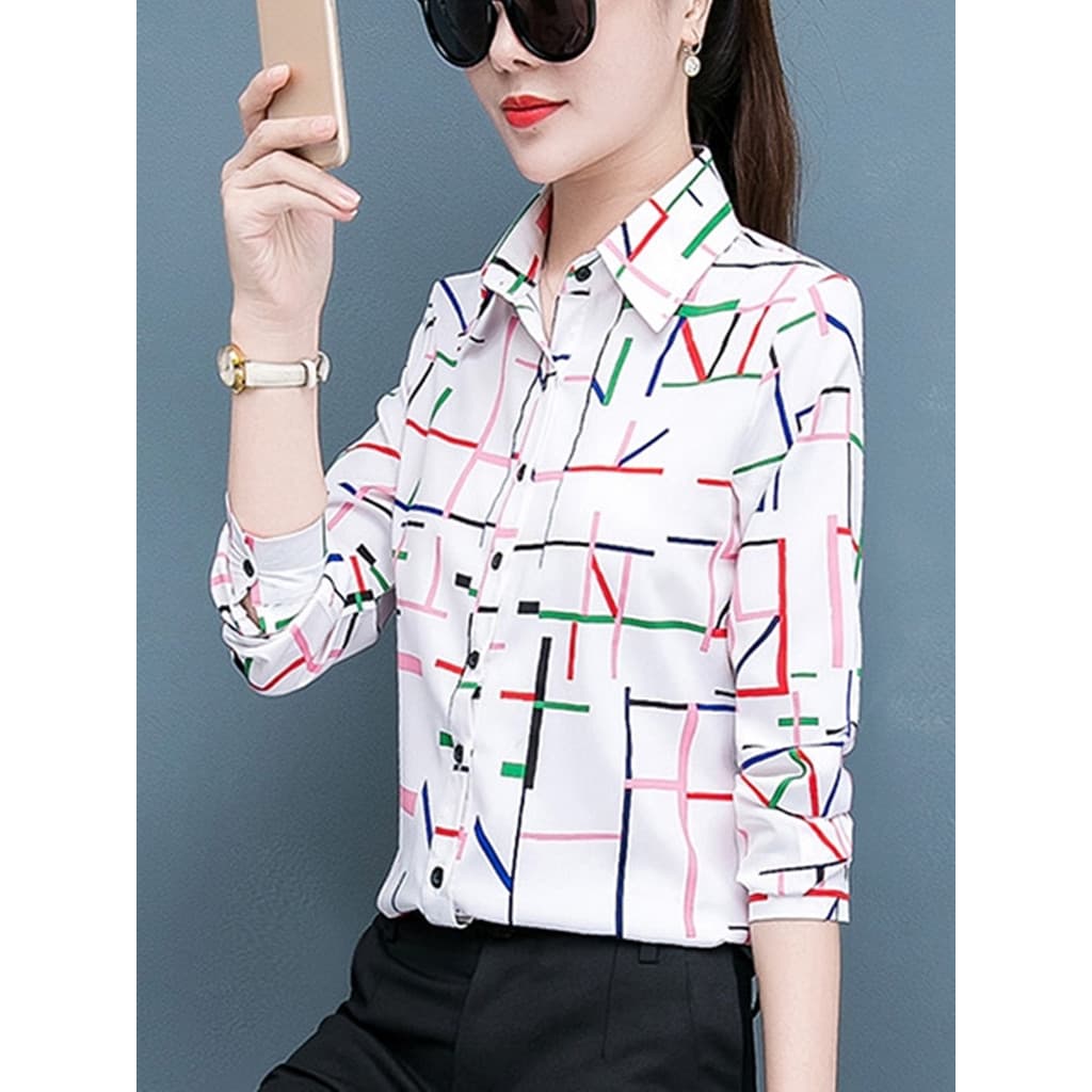 Moda primavera versão coreana camisa branca feminina 2026 novo estilo de manga comprida camisa xadrez magro-ajuste prima
