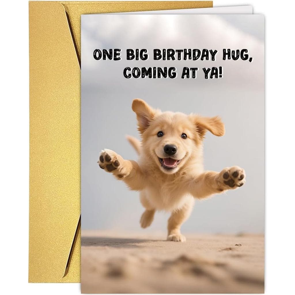 Cartão de Aniversário Engraçado com Abraço de Cachorro, Cartões de Aniversário Divertidos de Cachorrinho, Cartão de Aniv