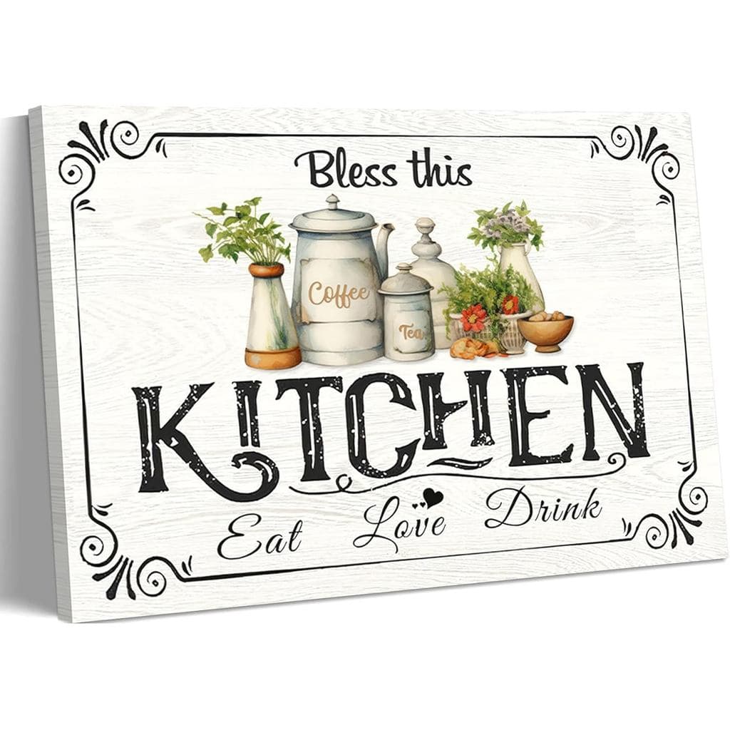 Pyvrah Arte de Parede em Tela para Cozinha, Decoração de Parede Rústica Vintage, Impressão com a Frase 'Bless this kitch