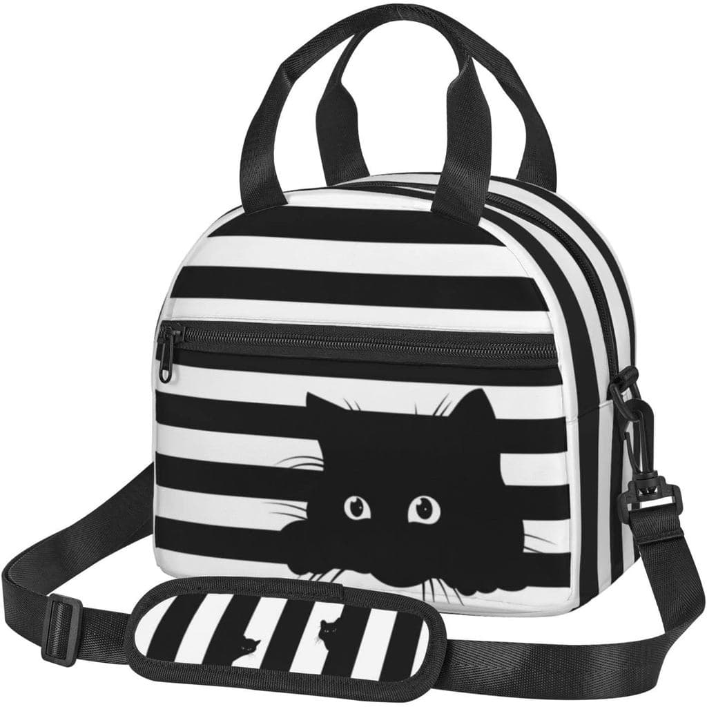 Bolsa Térmica Perinsto Cat Listrada em Preto e Branco, Recipiente Isolado Reutilizável com Alça de Ombro Ajustável, 9 x