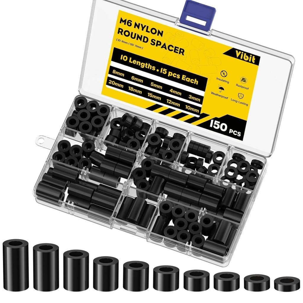 Vibit 150 Pcs Space M6 Nylon Spacers for Screws, ID 6 mm & OD 11 mm, 10 Lengths – 3 mm 4 mm 5 mm 6 mm 8 mm 10 mm 12 mm 1