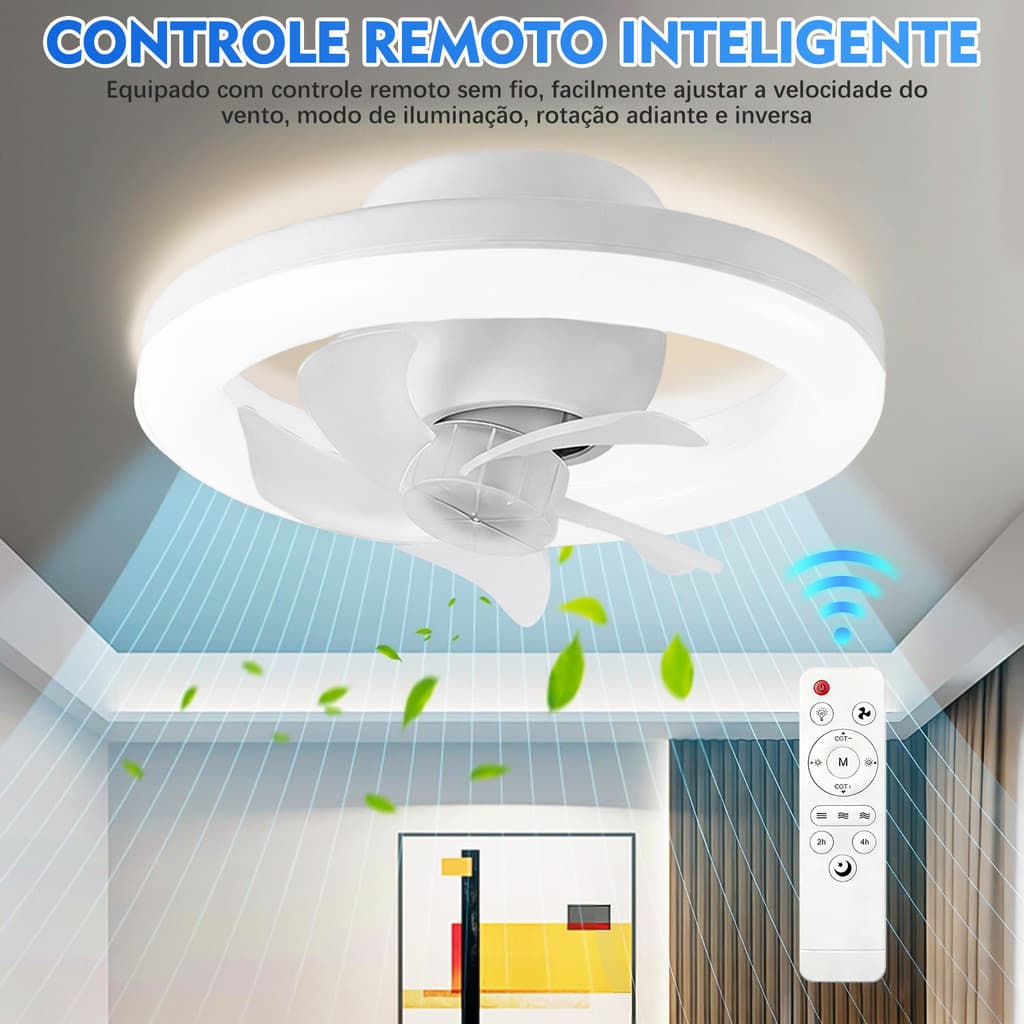 Ventilador 2 em 1 Teto com Luz E27 Rotação 360° Silencioso Controle Remoto Ideal para Quarto, Cozinha e Casa