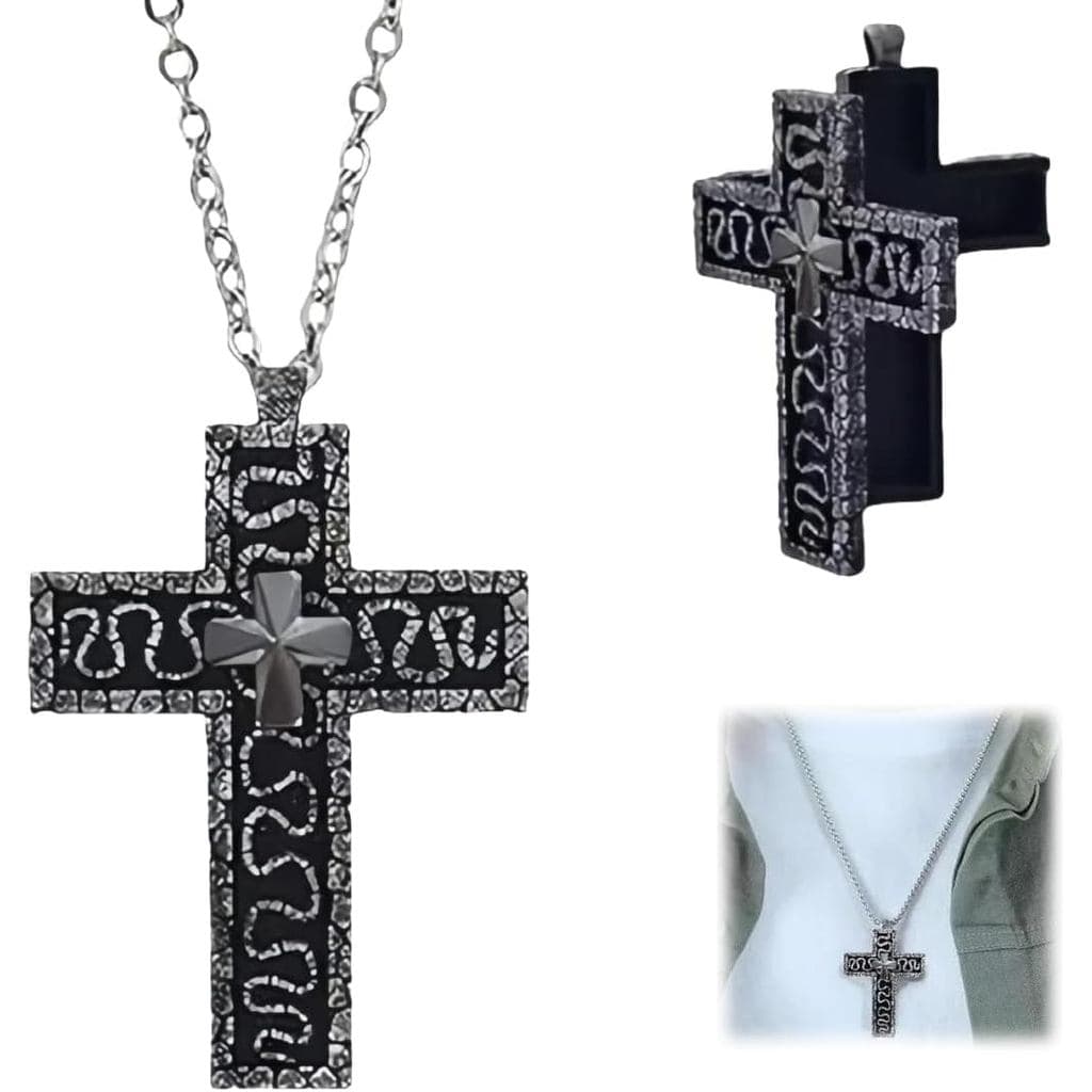 3D Printed Cross Necklace with Dark Box Ten Character Pendant - Vintage Cross Pendant, Unisex Religious Jewelry for Men