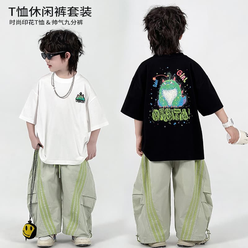 Terno de trabalho médio para meninos, camiseta estampada de manga curta, estilo fino, calças mosquiteiras até o tornozel