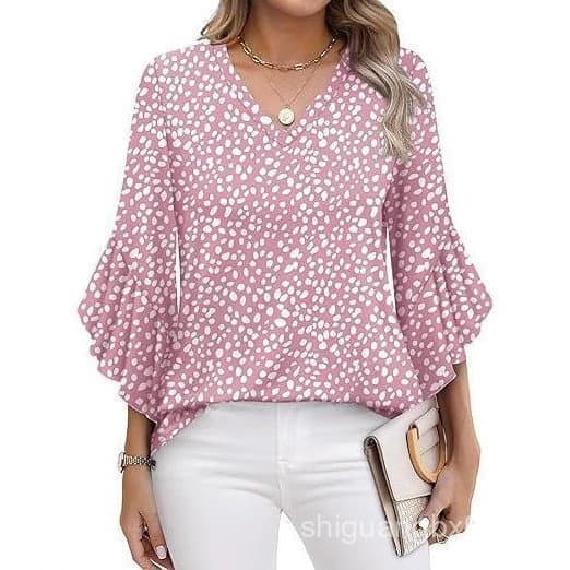 Camisa feminina europeia-americana casual com manga 3/4, top estampado feminino com decote em V e manga larga, modelo c