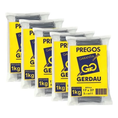 5 Pacotes Prego Polido Com Cabeça 17x27 1kg - Gerdau 3 Mm 6 Cm