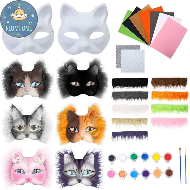 PLUMHOME 3 Pçs/set DIY Artesanal Graffiti Meia Máscara Facial Therian Kit Em Branco Face Desenhada À Mão Animal Gato De