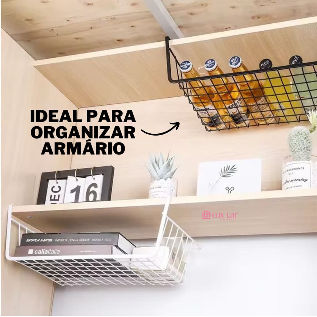Prateleira Suspensa de Arame Cesta Organizadora Multiuso para Cozinha Armário Preto