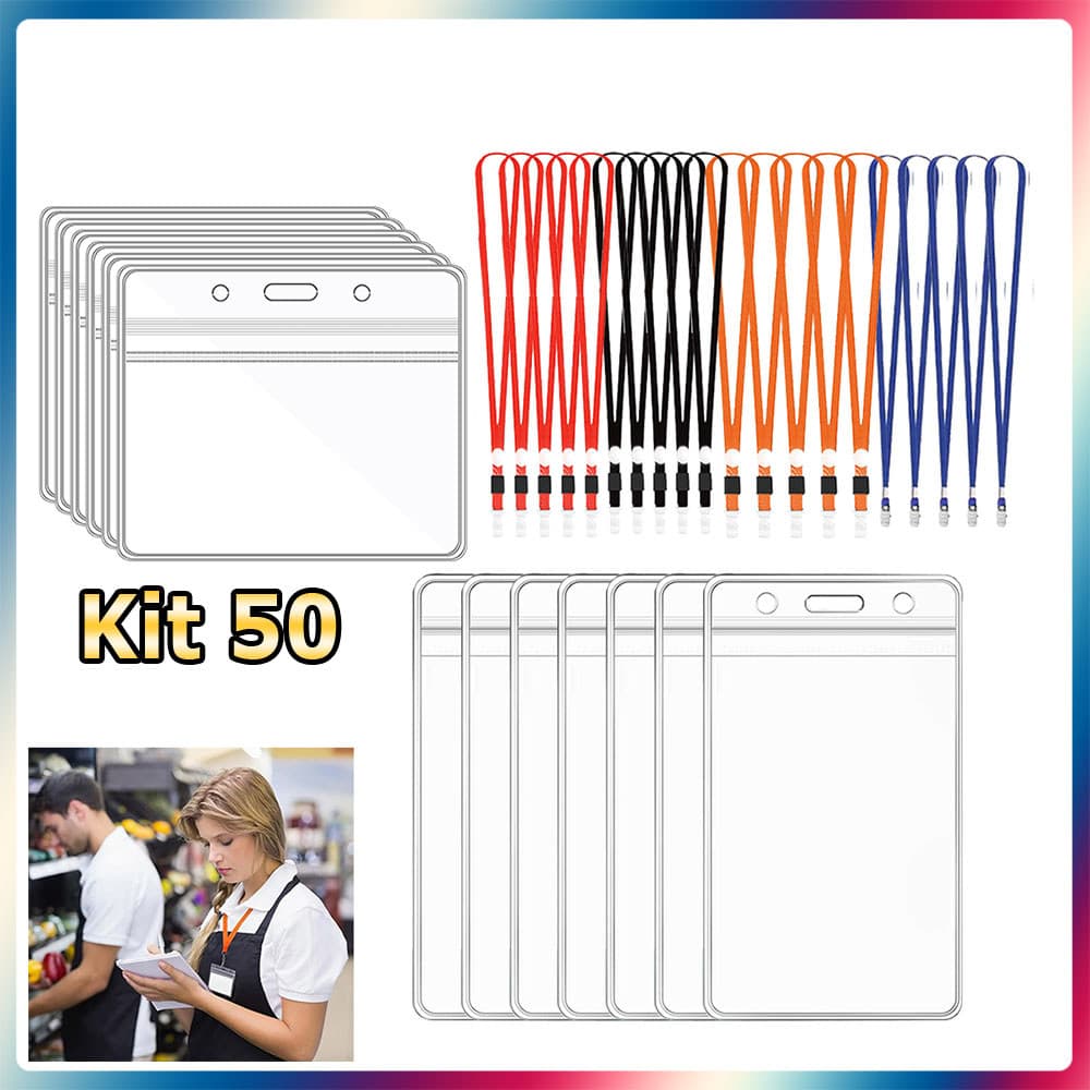 Kit 50 Porta-crachás transparentes porta-cartões de identificação com cordões porta-cartões à prova d'água porta-crachás