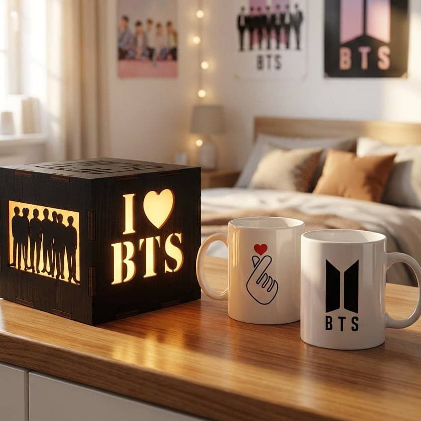 Caneca E Luminária De Led Bts Com Coração E Logo Do Grupo