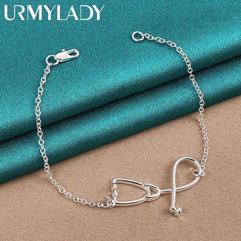 URMYLADY 925 Estetoscópio De Prata De 8 Polegadas Bracelete Em Corrente Para Festa De Noivado De Moda Feminina Jóias