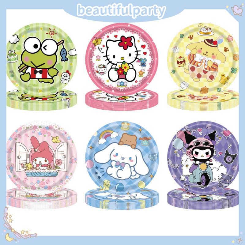 Pratos de Papel Descartáveis com Personagens - Hello Kitty, My Melody, Cinnamoroll, Kurom Conjunto de Utensílios de Fest