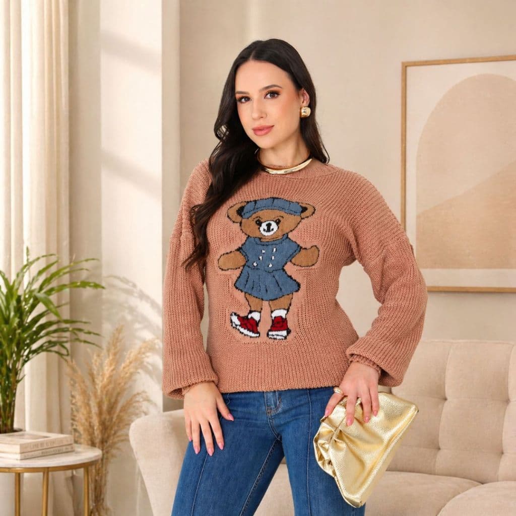 Blusa de Frio Feminina Ursinho Mousse Tricot Poliéster Casual Inverno 2026