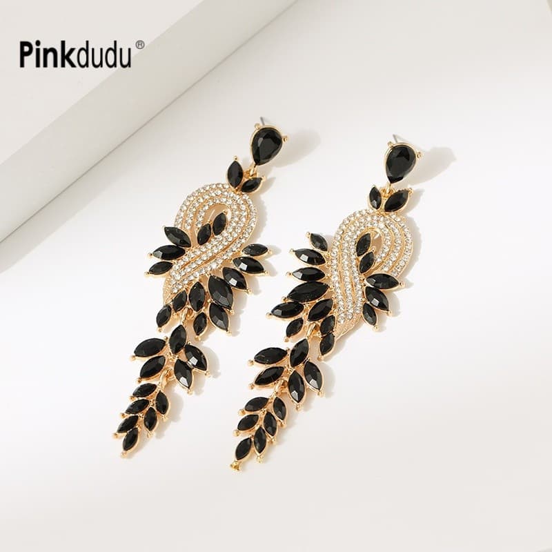 Pinkdudu Brincos De Folha De Borla Preta Pendentes De Cristal Estilo Vintage E Dramático PD7800