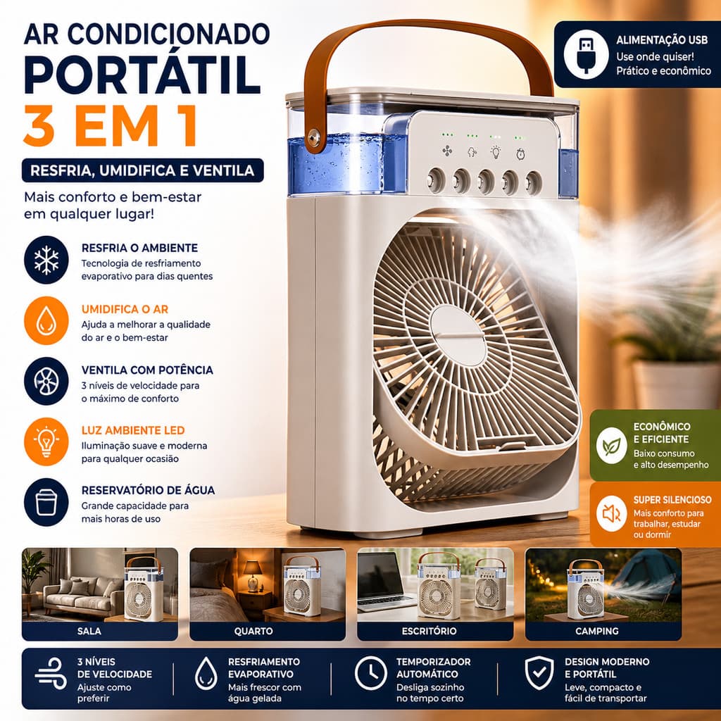 Ventilador Refrigerador De Ar Portátil USB Recarregável Mini Condicionado Umidificador De Resfriamento