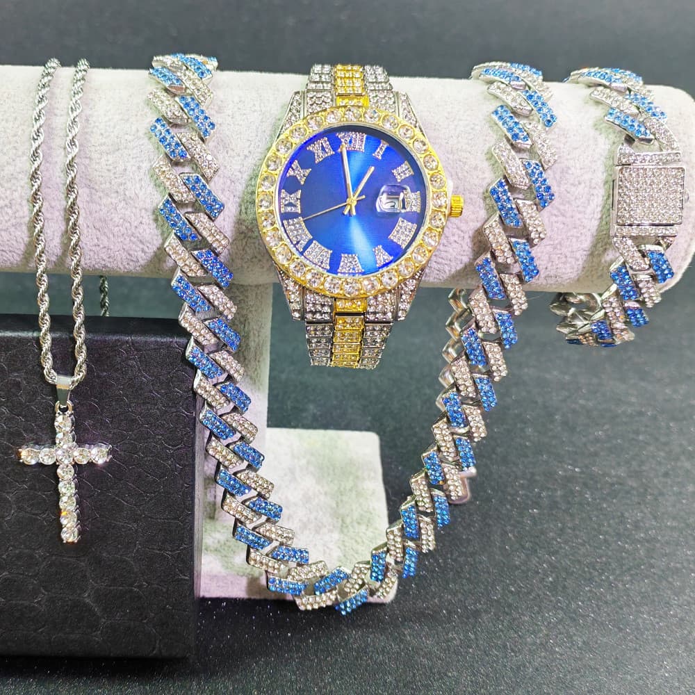 Conjunto de joias de alta qualidade pulseira de diamante cruz colar diamante corrente cubana colar pulseira conjunto de