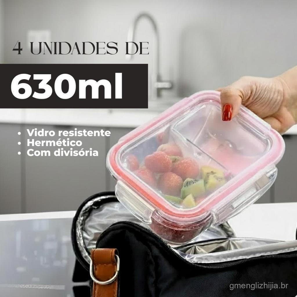 Kit 4 Potes de Vidro 630ml com Divisória e Travas Marmita Fitness Refratário Forno Microondas