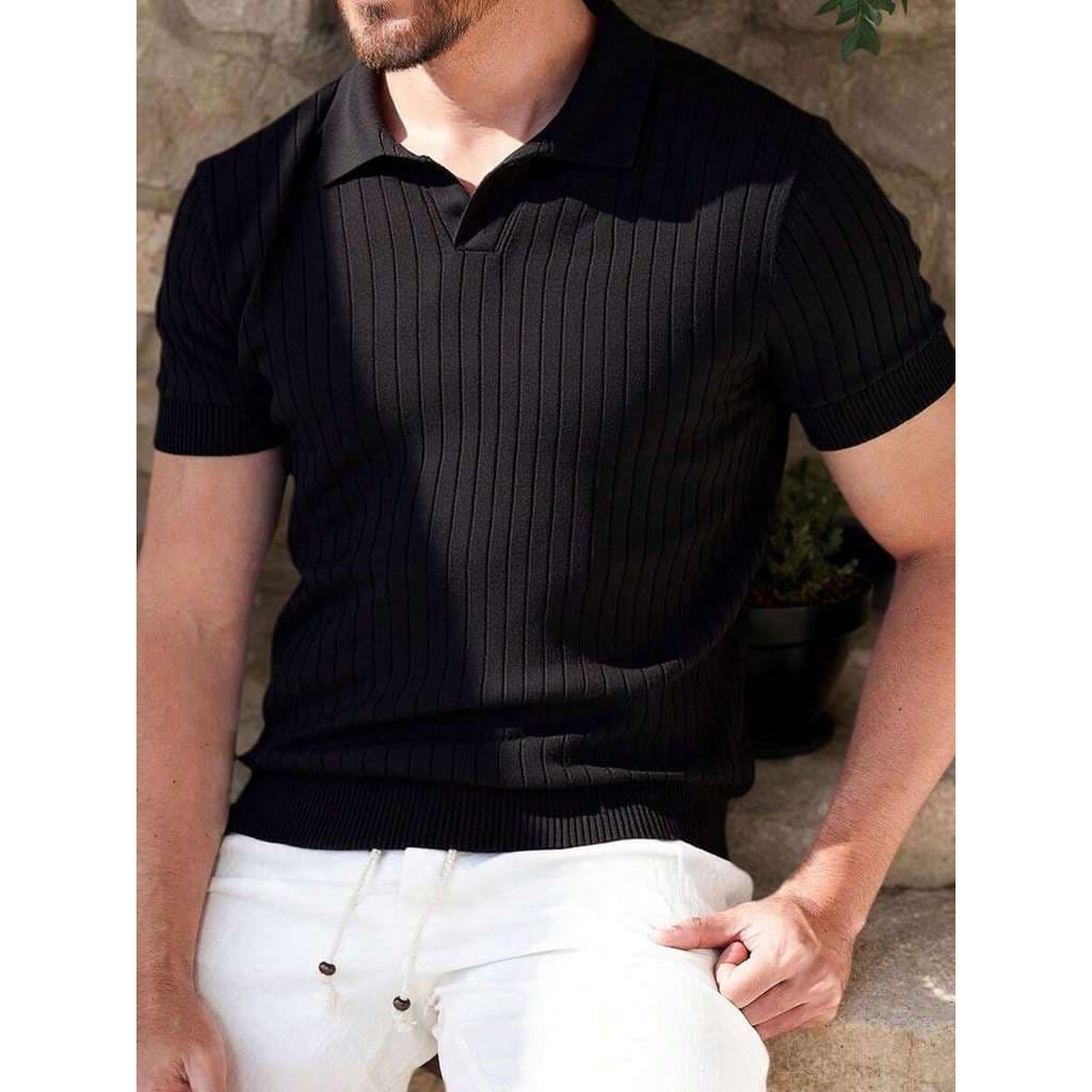 Top Polo Masculina  de Ajuste Folgado, Cor Sólida Fina, Gola Polo, Manga Curta, Malha Canelada