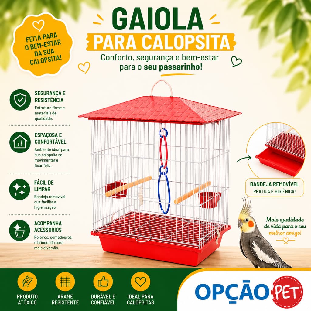 Gaiola para Calopsita + ACESSÓRIO E UM JOGO DE ARGOLAS COLORIDAS mansa teto plástico na cor Vermelho - OPÇÃO PET