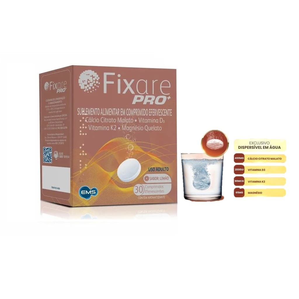 Fixare Pro+ Limão 30 Comprimidos Efervescentes Cálcio Citrato Malato Vit D3 K2 Magnésio Saúde Óssea