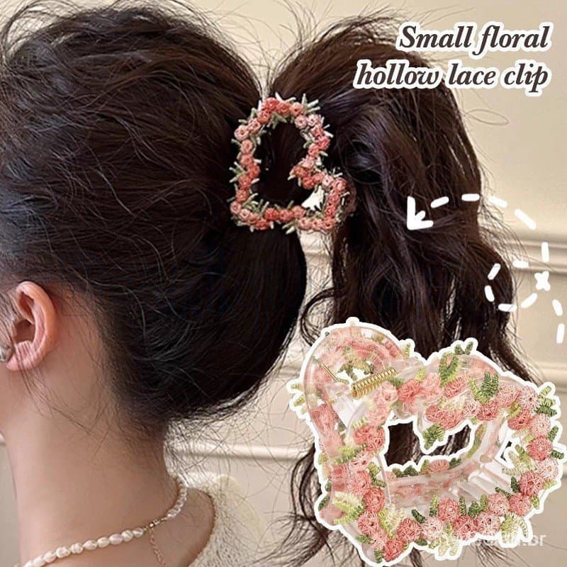 Presilha de cabelo pequena de renda floral vazada - Acessório de cabelo elegante - Presilha de cabelo estilo tubarão - P