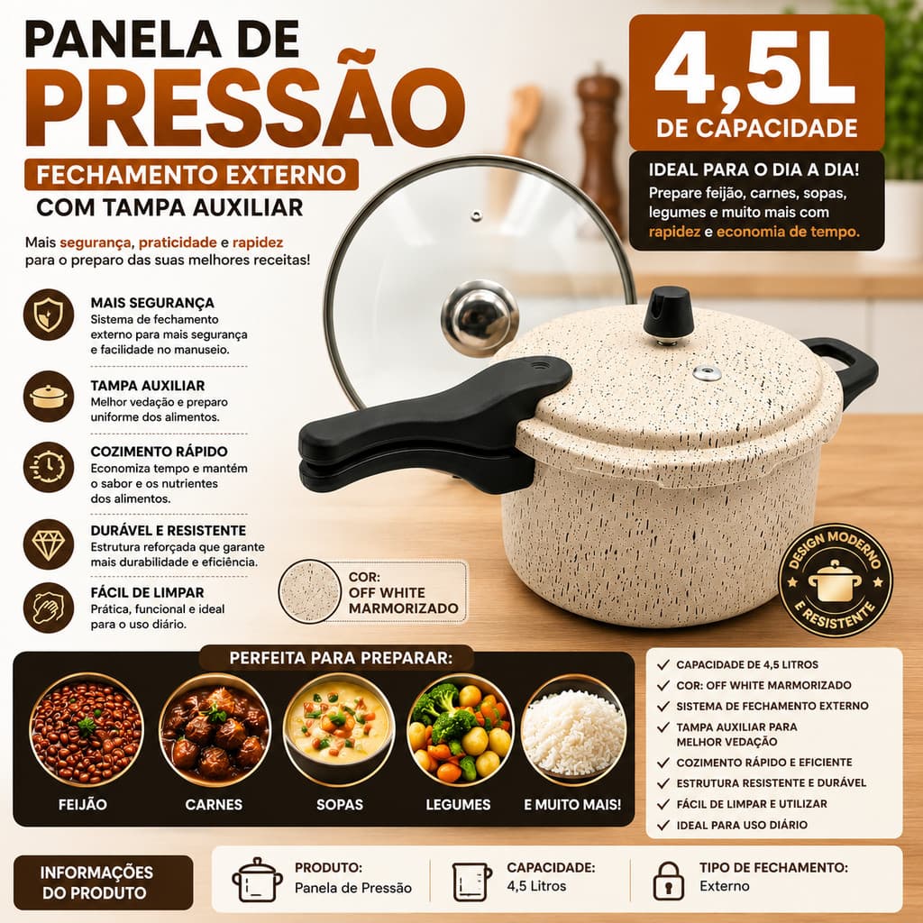 Panela Pressão 4.5L Fechamento Externo Tampa Extra Off White