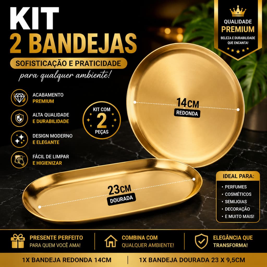 Bandeja Aco Inoxidavel Luxo Decorativa para Jóias Alimentos Dourado Redonda 14cm Oval 23x9,5