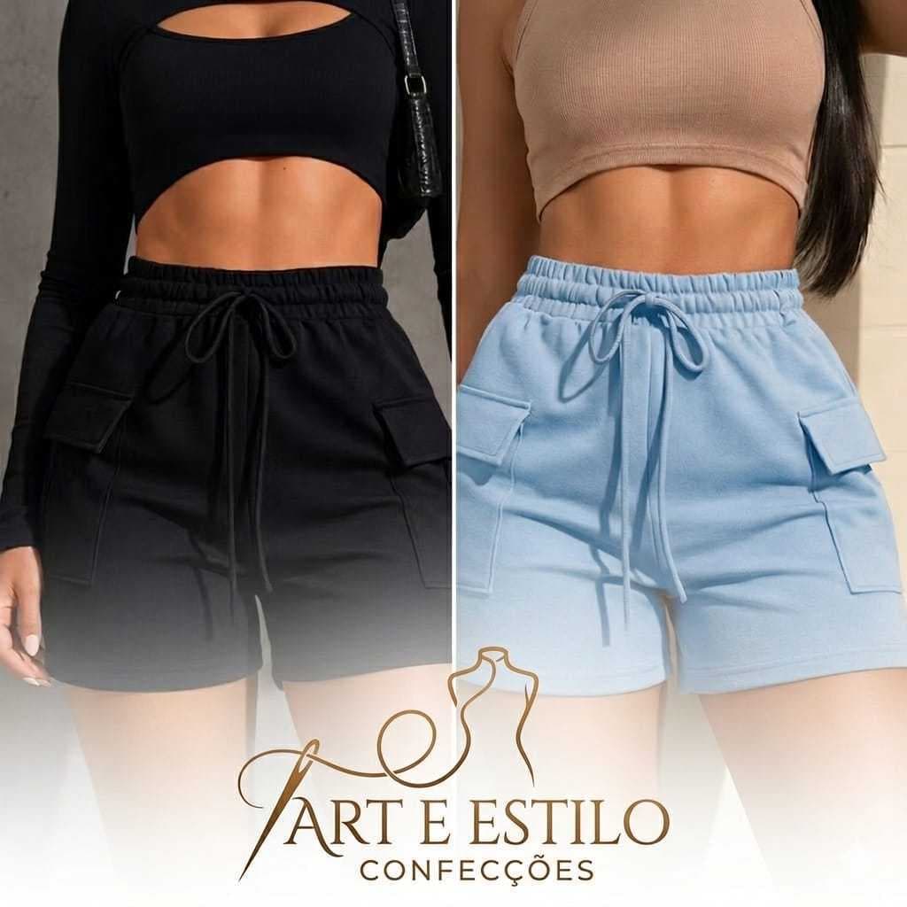 Kit 2 Peças Short Cargo Feminino Moletom Moletinho Shortinho Soltinho Confortável Algodão
